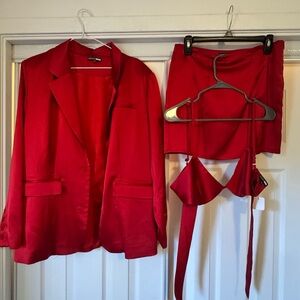Fashion Nova Red Satin Blazer & Skirt Set